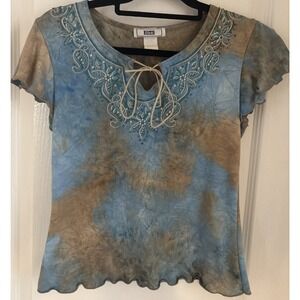 Obe Top Womens Blue Brown Tie Dye Beaded Babydoll Floral Y2K Forest Fairy Boho M